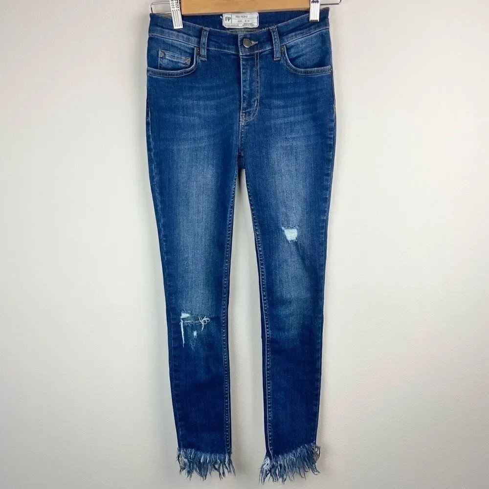 Free People Distressed Frayed Hem Skinny Jeans